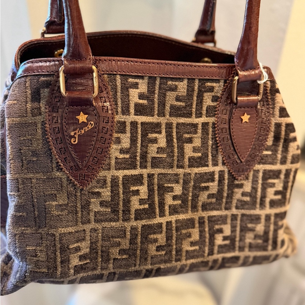 Fendi Velvet Brown Doctors Shoulder Bag with Leather Trim